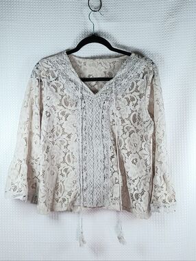 Ivory Lace Peasant Blouse with Tassel Ties Size Traditional Large.